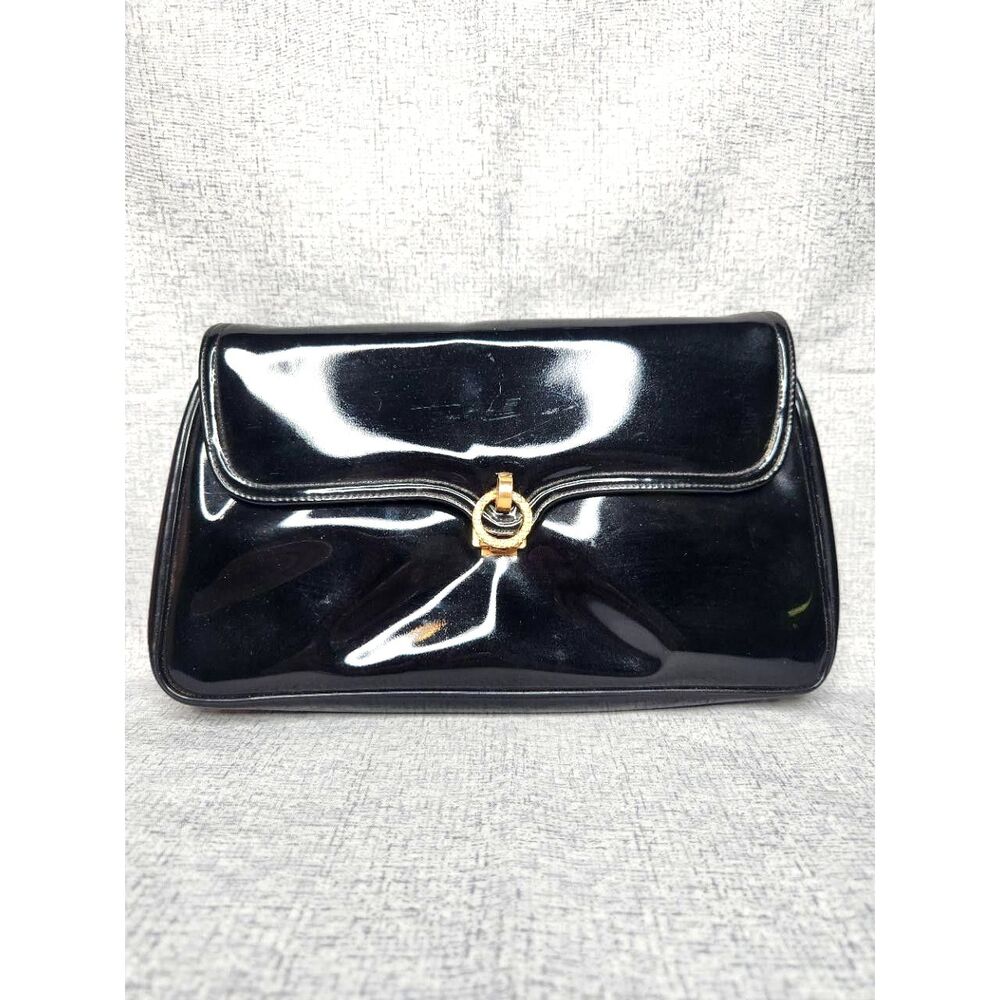 Morris Moskowitz MM Black Patent Leather Clutch Purse Gold Closure 60s VINTAGE!